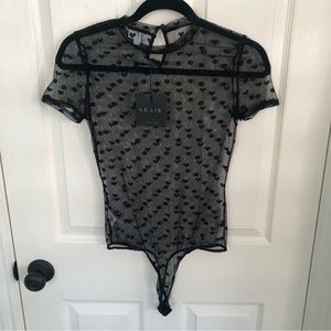 NWT Le Lis Collection Black sheer bodysuit with heart pattern